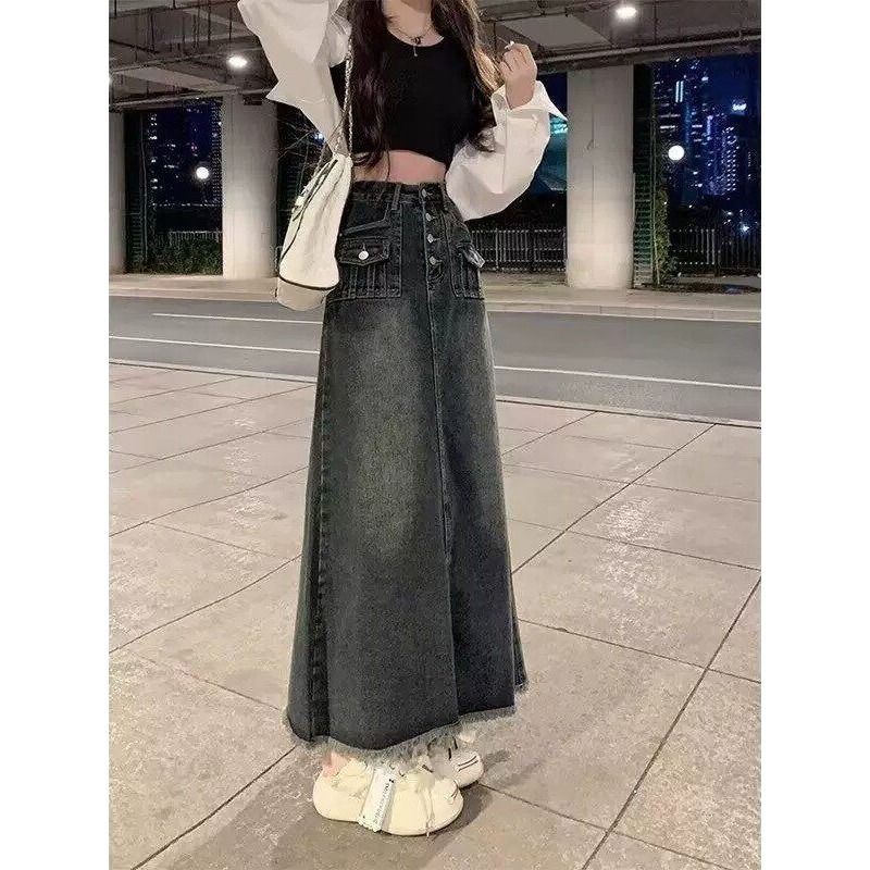 Denim Skirt Midi Vintage - Saia Jeans Midi Feminina de Cintura