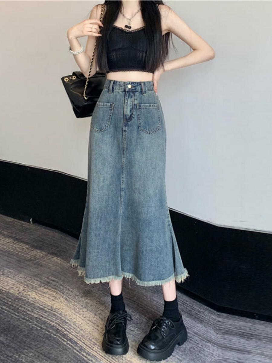 Denim Skirt Midi Vintage - Saia Midi de Cintura Alta em