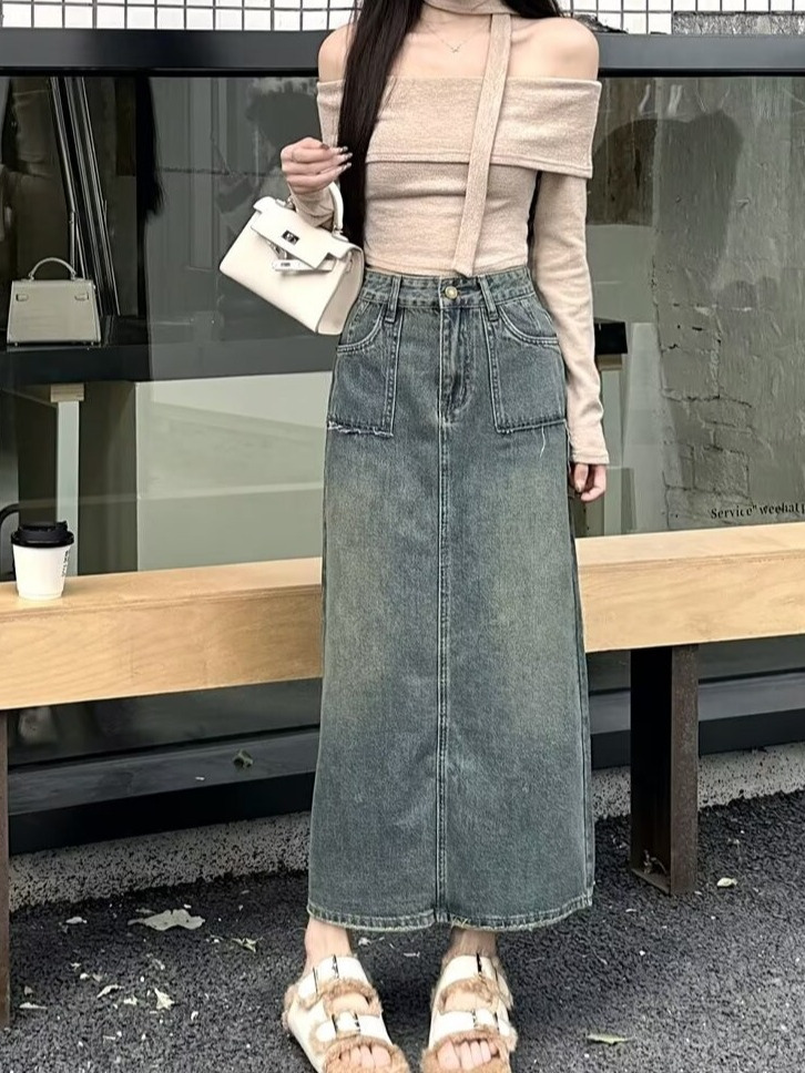 Denim Skirt Midi Vintage - Saia Jeans Midi de Cintura Alta