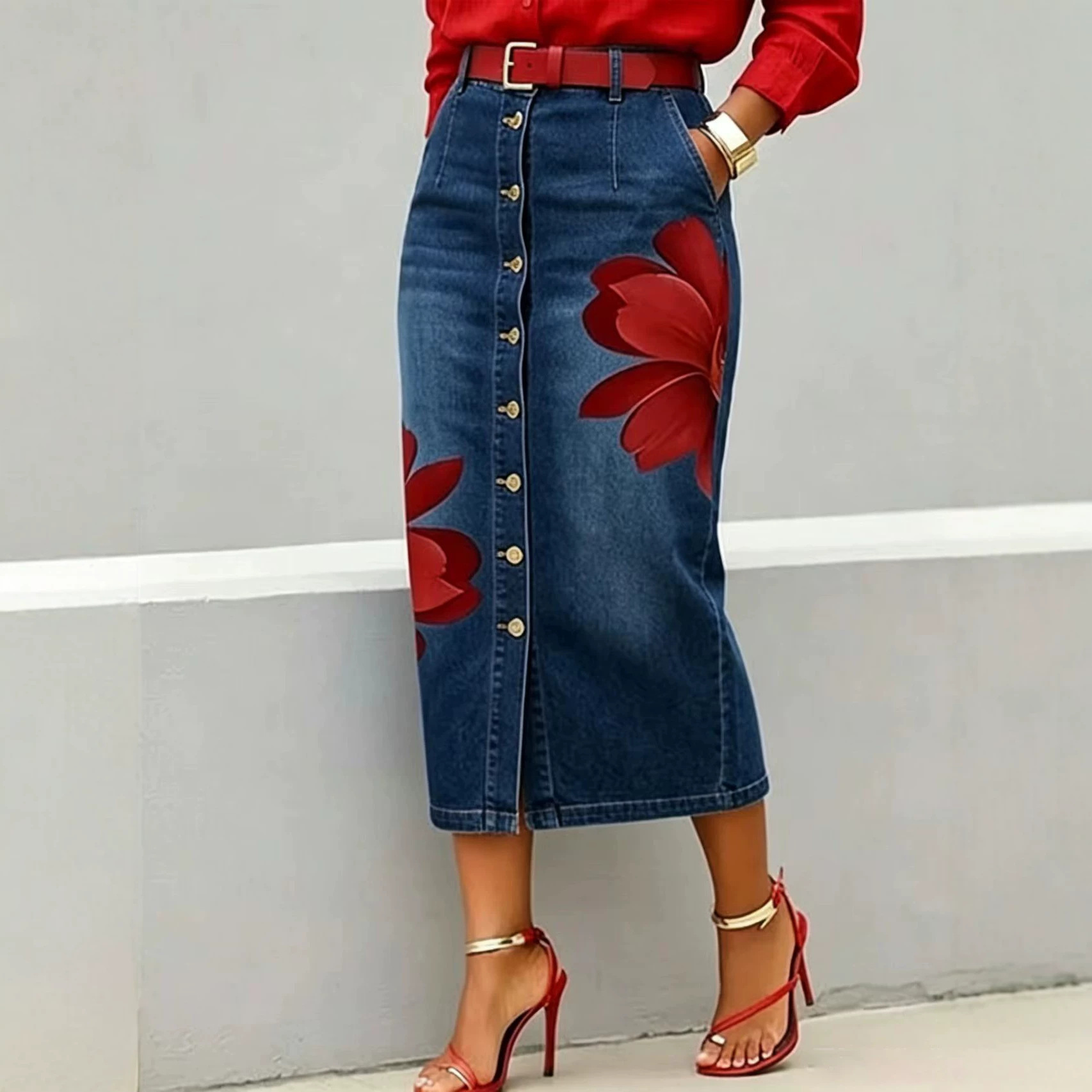 Saia Midi de Jeans com Estampa - Denim Skirt Midi Vintage avaliação e preço
