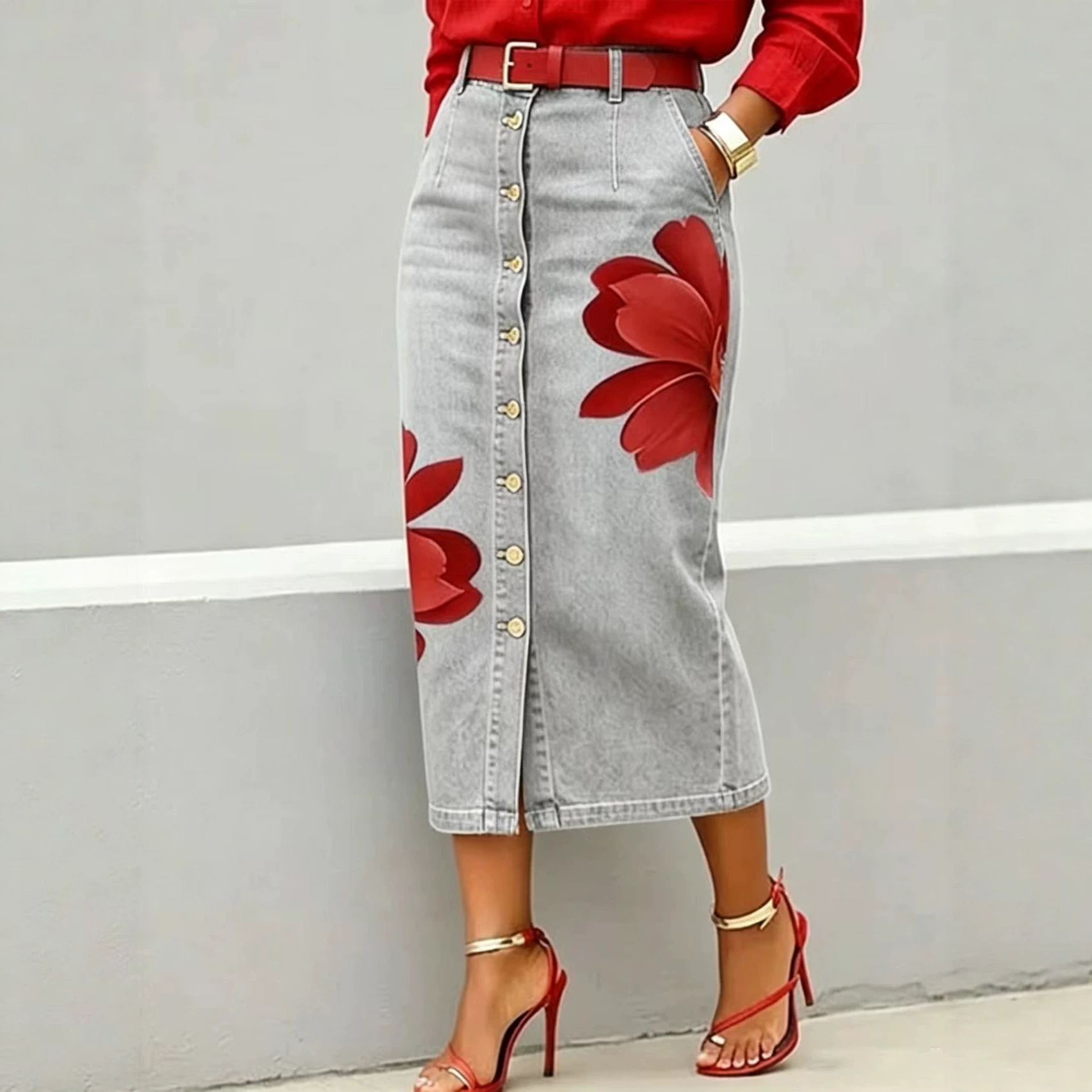 Saia Midi de Jeans com Estampa - Denim Skirt Midi Vintage avaliação e preço