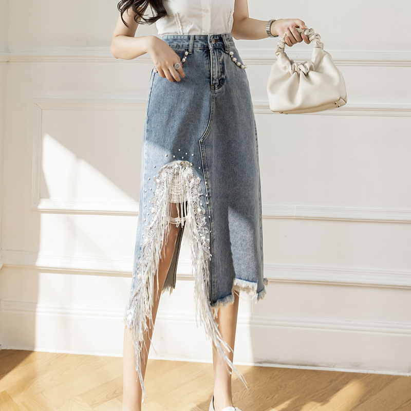 Vintage S-5XL split pérola fri - Denim Skirt Midi Vintage avaliação e preço