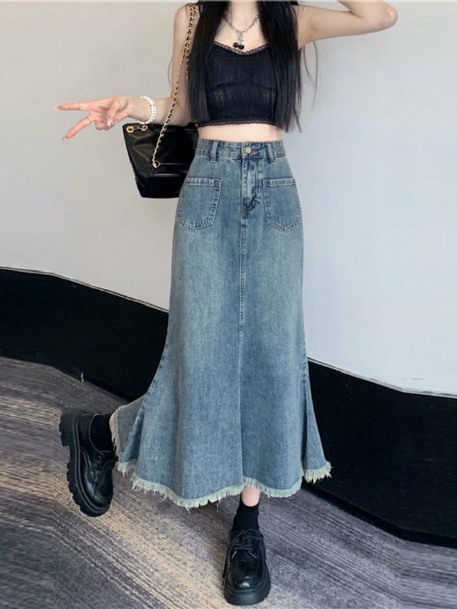 Saia Midi de Cintura Alta em A - Denim Skirt Midi Vintage avaliação e preço